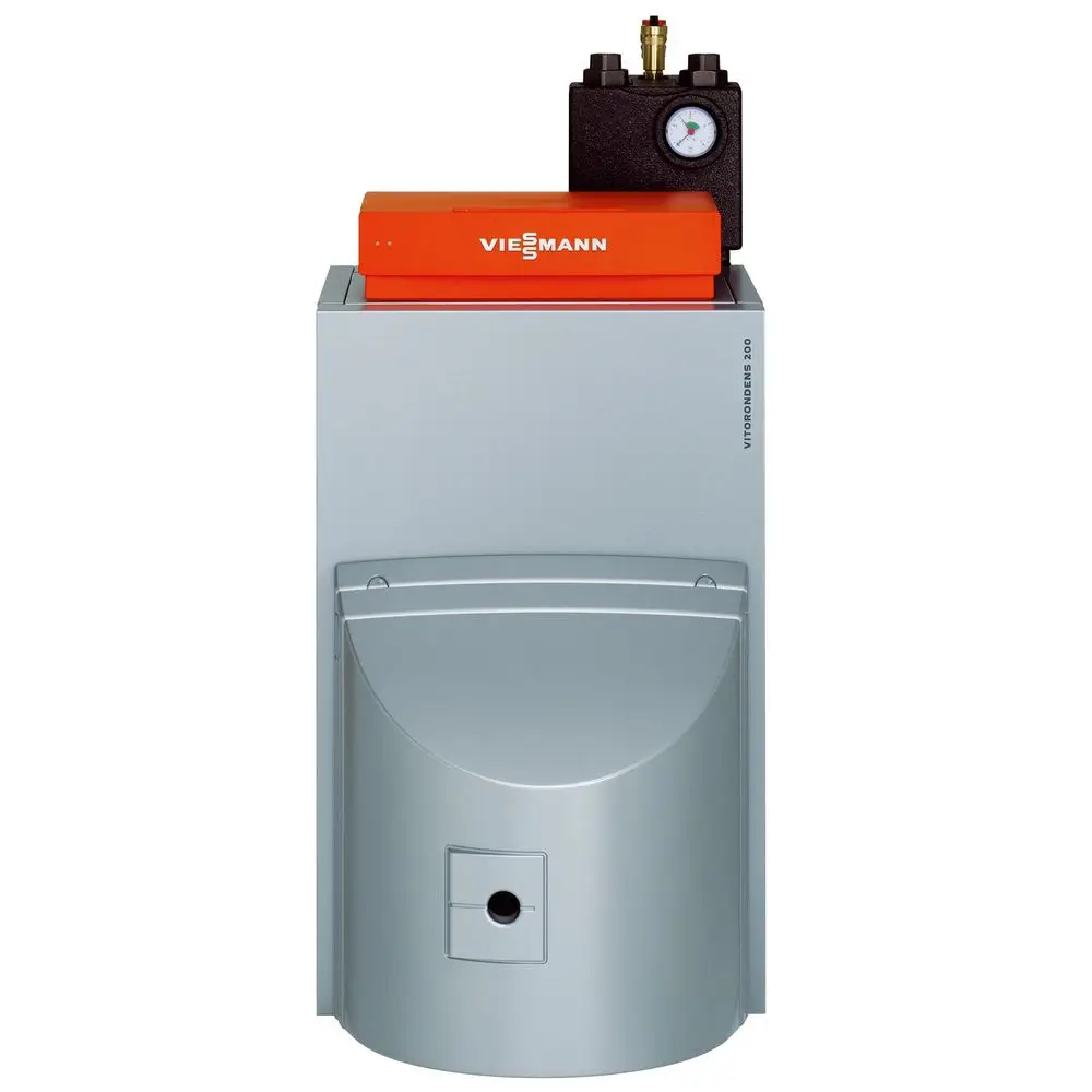 Viessmann Heizgerät in grauem Gehäuse mit orangefarbener Steuerungseinheit und Druckmanometer, zur Wandmontage geeignet. Unterhalb befindet sich ein runder Anschluss.